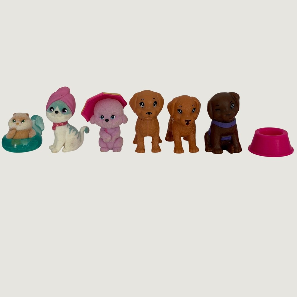 Lot of 6 Mattel Barbie Mini Pets & Accessories - Flocked Puppies, Cat, & Bowl
